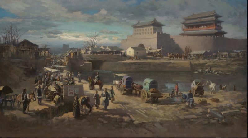 Puerta y muralla del antiguo Beijing con mercado y carruajes, óleo