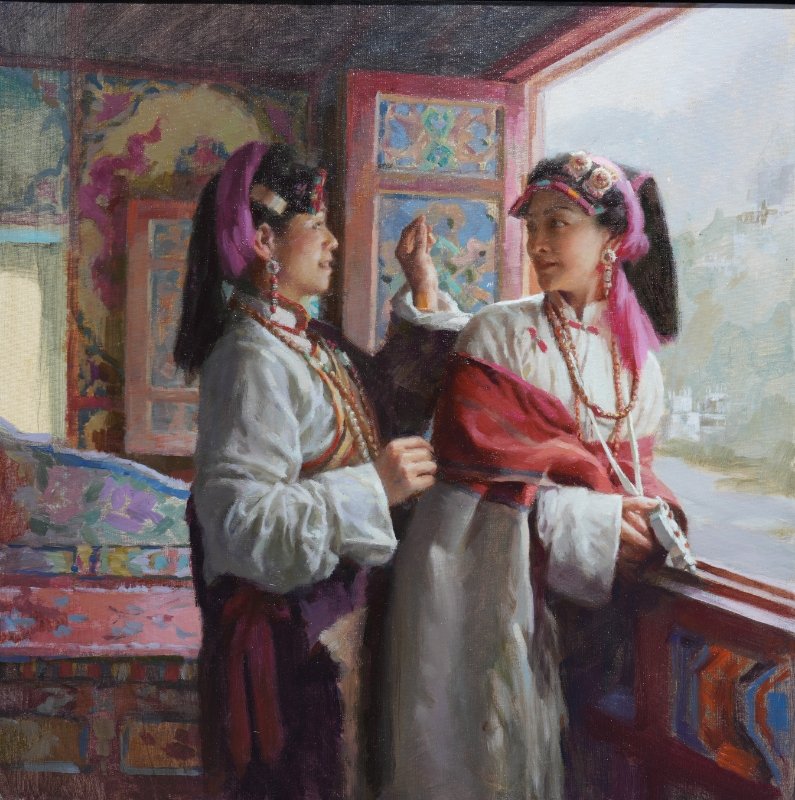 Dos mujeres con tocados tradicionales junto a una ventana, óleo